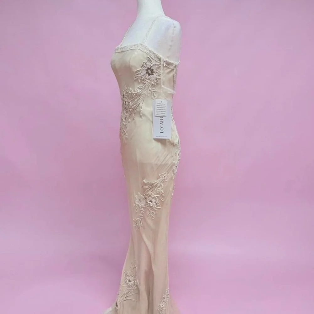 Lo Adoro Elegant Champagne/Sand Colored Embroidered Spaghetti-Strap Gown - Picture 3 of 10